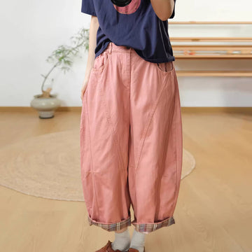 Spring Cotton Light Patchwork Wide Legs Elastic Waist Casual Pants