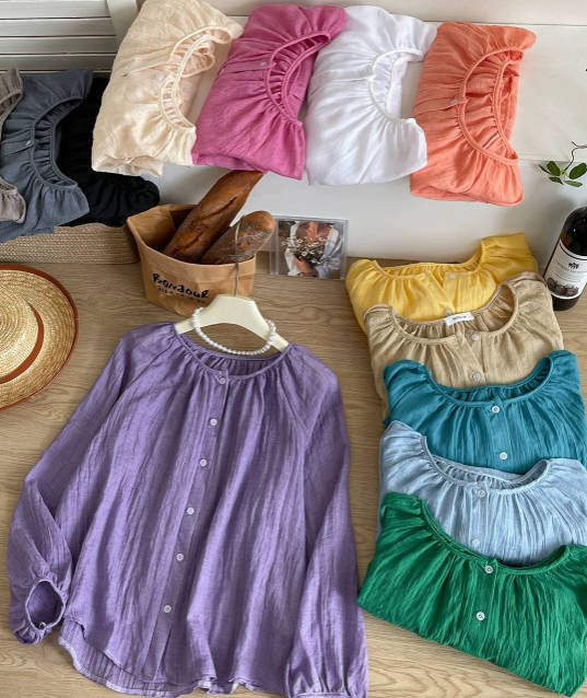 Women Summer Cotton Linen Loose Solid Color Round Neck Blouses