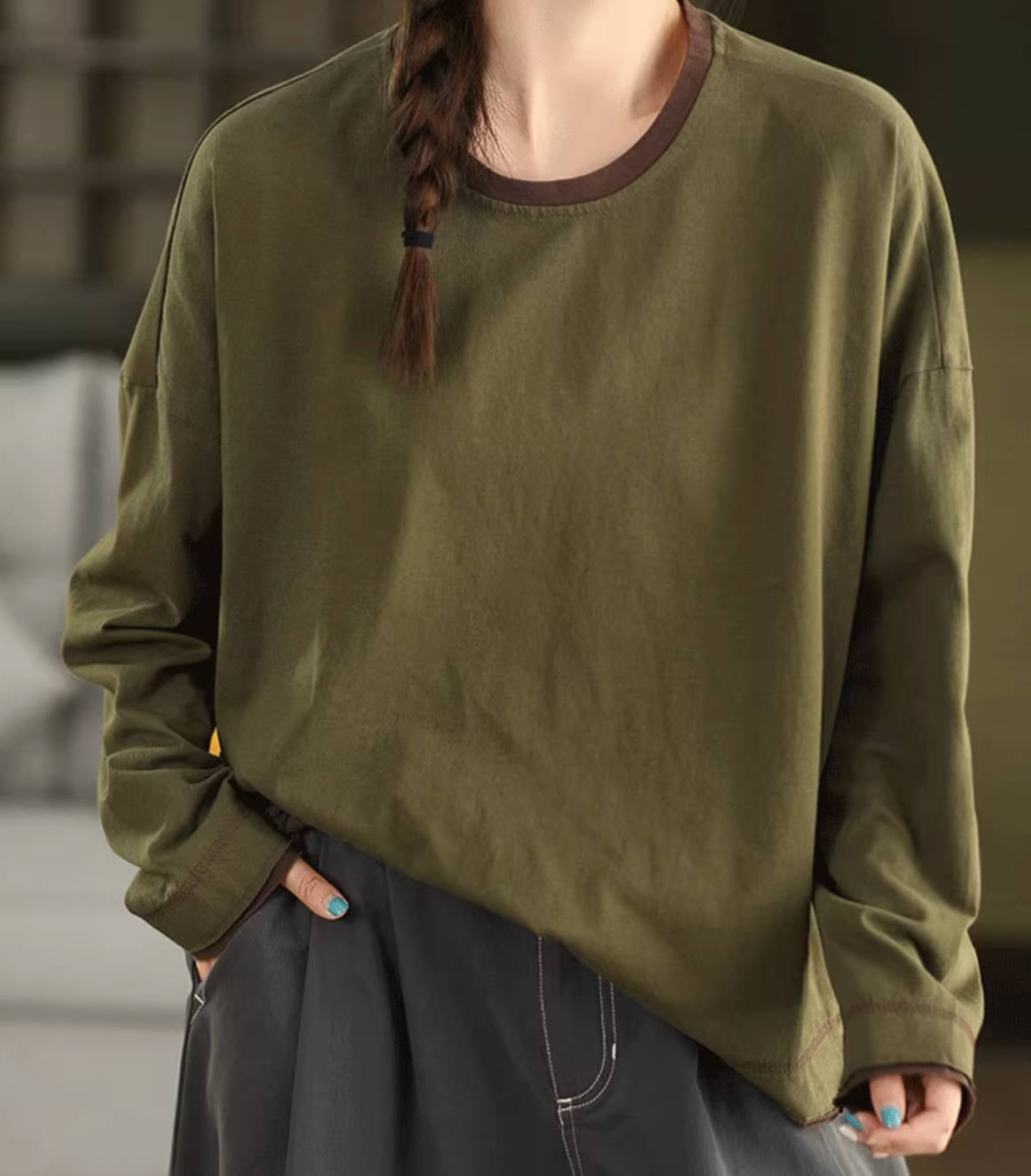 Women 100% Cotton Round Neck Patchwork Long Sleeves Pullover