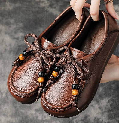 Vintage Women Top-Grain Leather Square Toe Soft Sole Wide Fit Flats