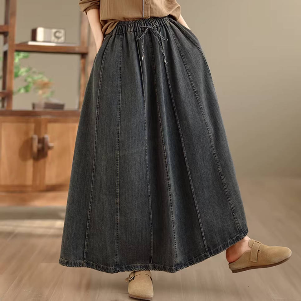 Spring Retro Denim Black Casual Loose Versatile Fashion A-Line Skirt