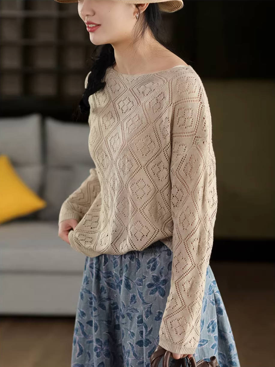 Spring Cotton Hallow Round Neck Thin Knitted Loose Top