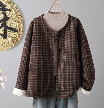 Winter Retro Cotton Casual Round Neck Plush Plaid Patchwork Coat