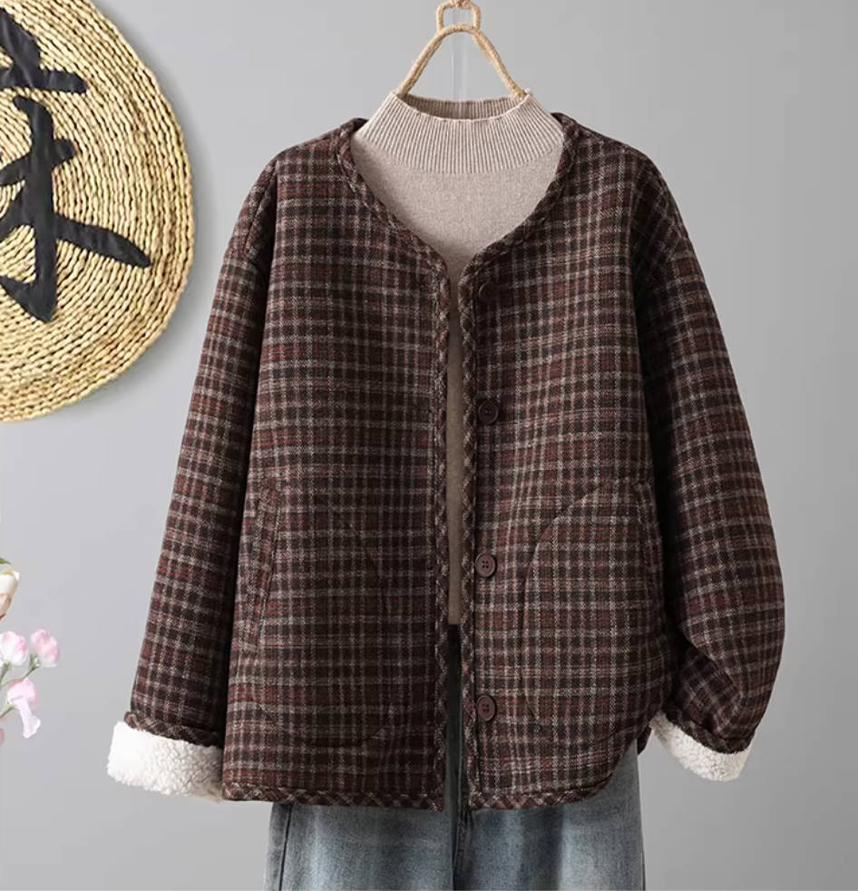 Winter Retro Cotton Casual Round Neck Plush Plaid Patchwork Coat