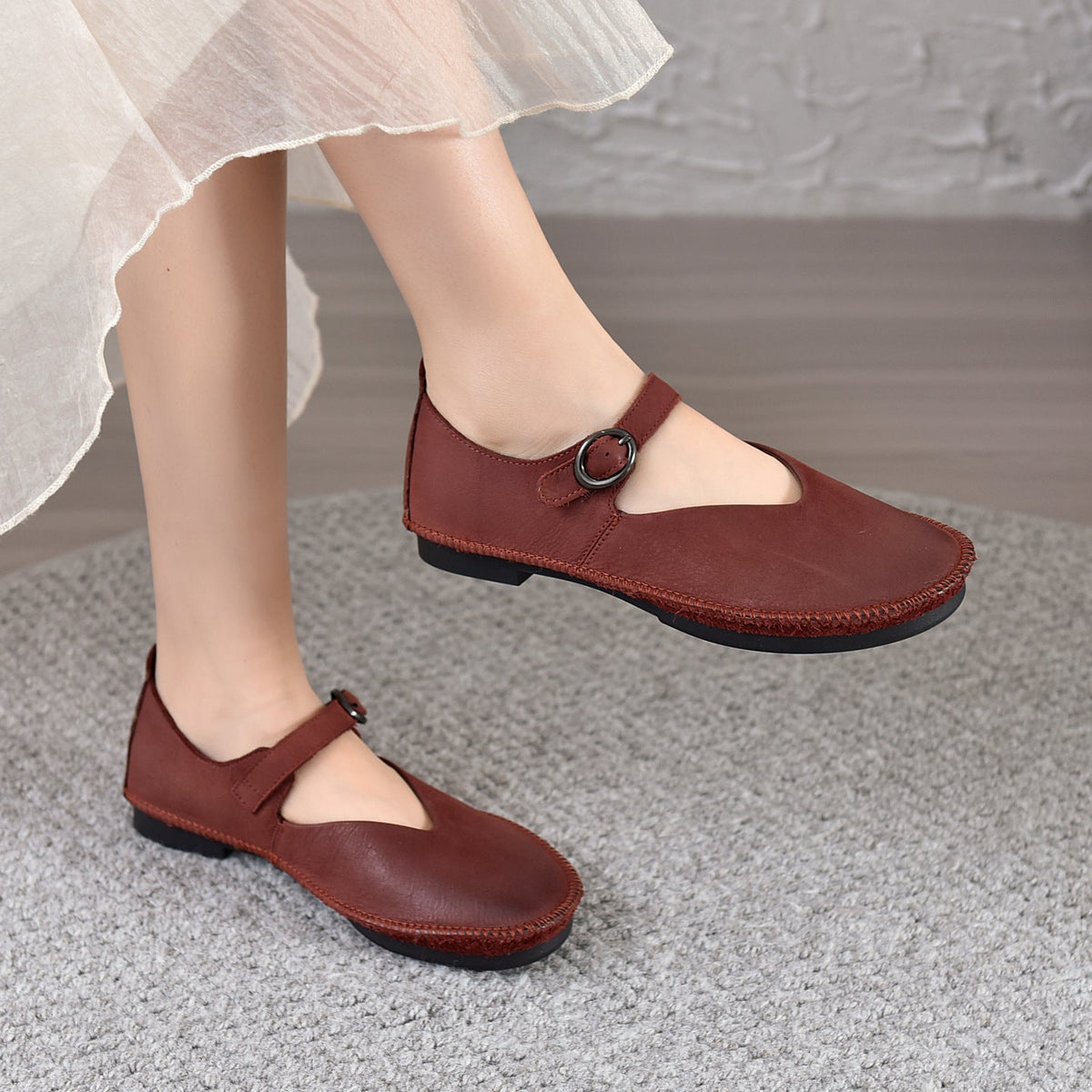 Spring Genuine Leather Round Toe One Straped Versatile Flat Shoes
