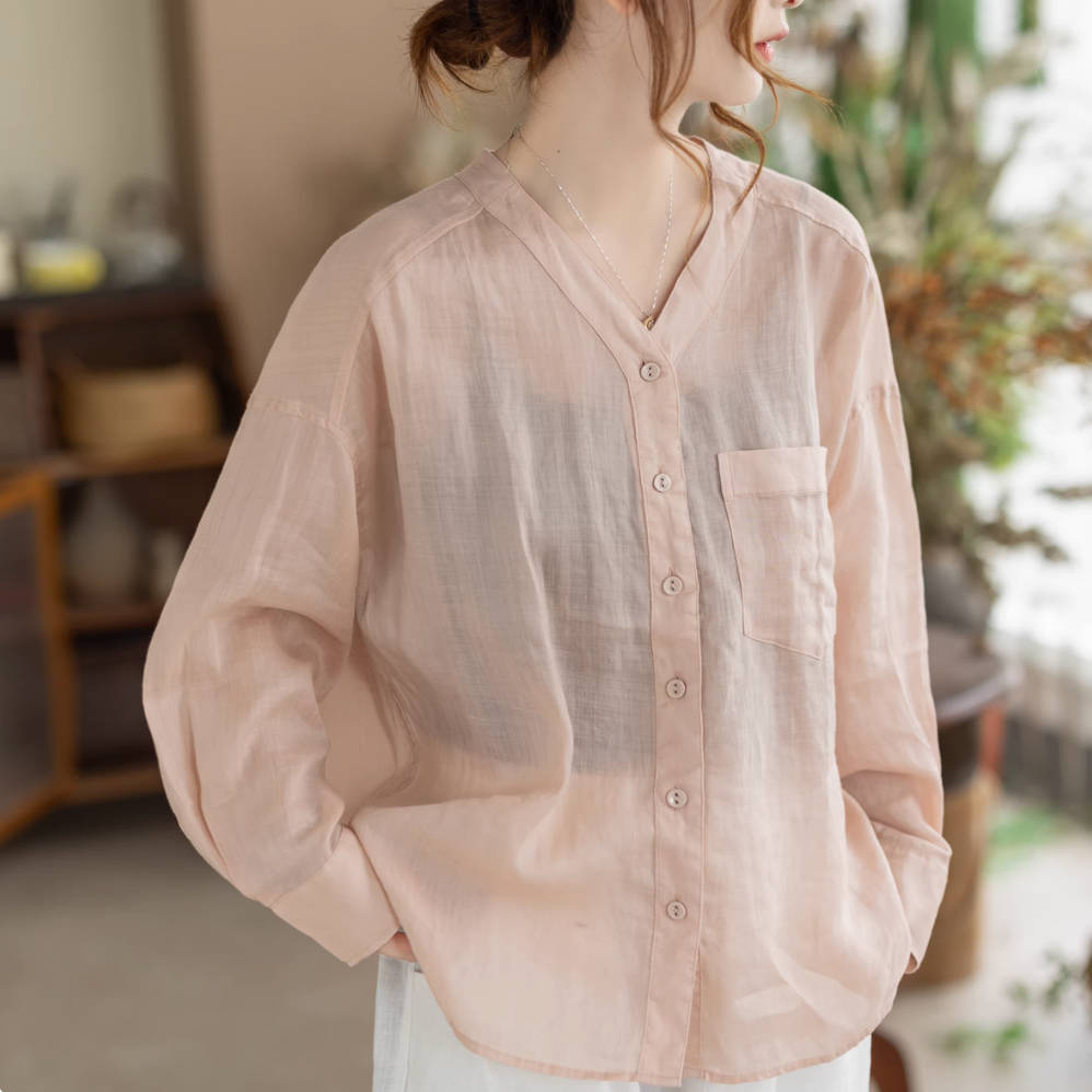 Thin Retro Ramie V-Neck Comfy Long Sleeves Loose Casual Shirt