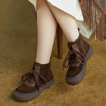 Winter Leather Sueded Soft Thick Sole Lace-Up Zipper Ankle Boots