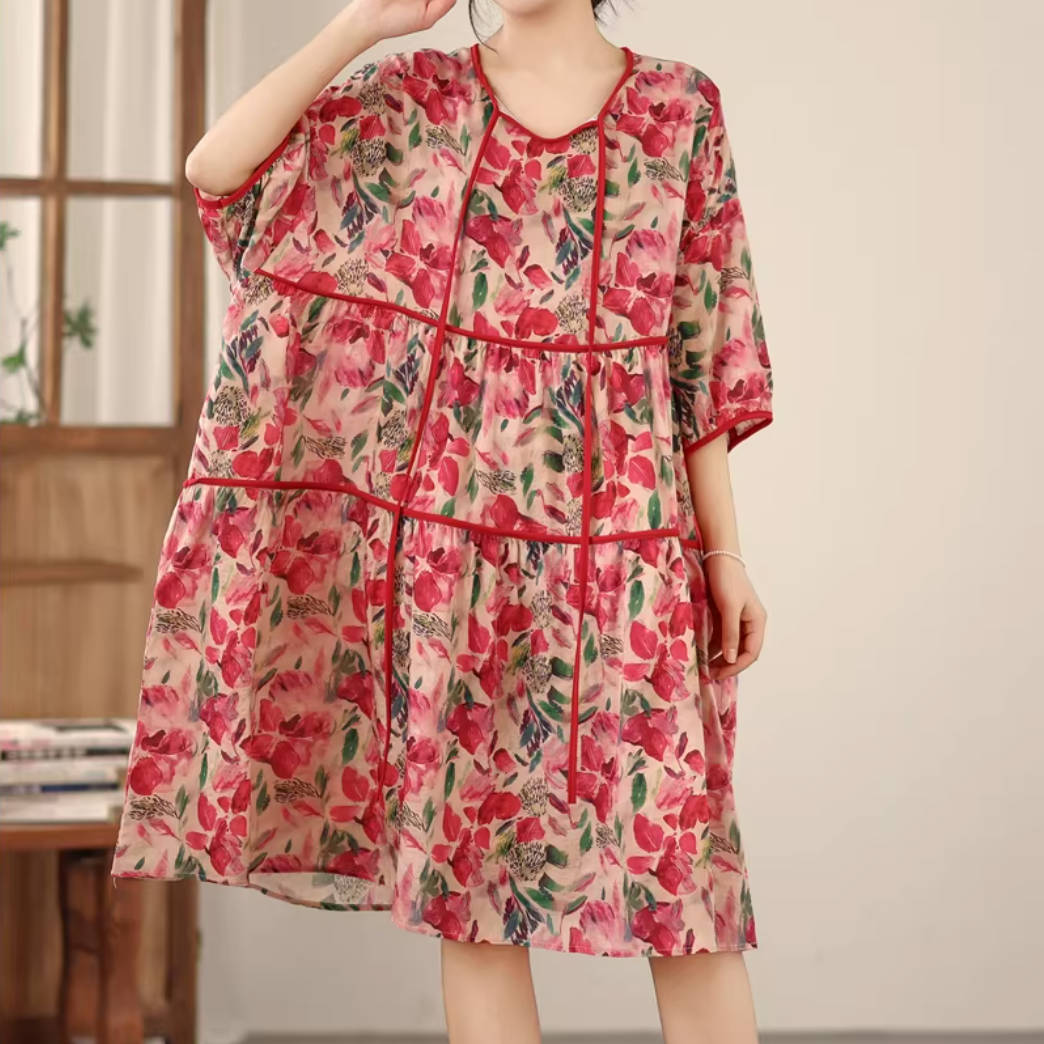 Summer Retro Linen Floral Printed Loose Half Sleeves A-Line Dress