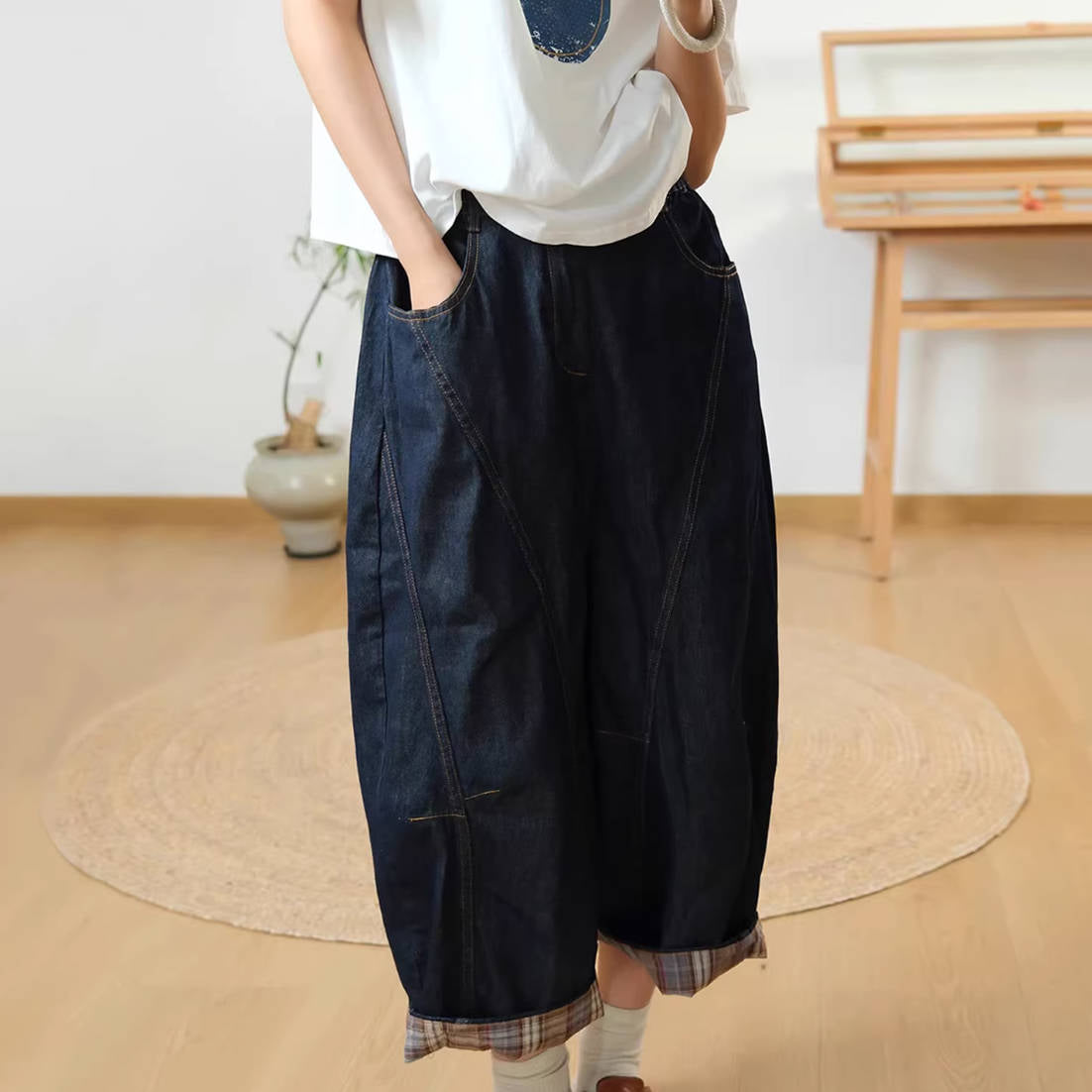 Spring Cotton Light Patchwork Wide Legs Elastic Waist Casual Pants