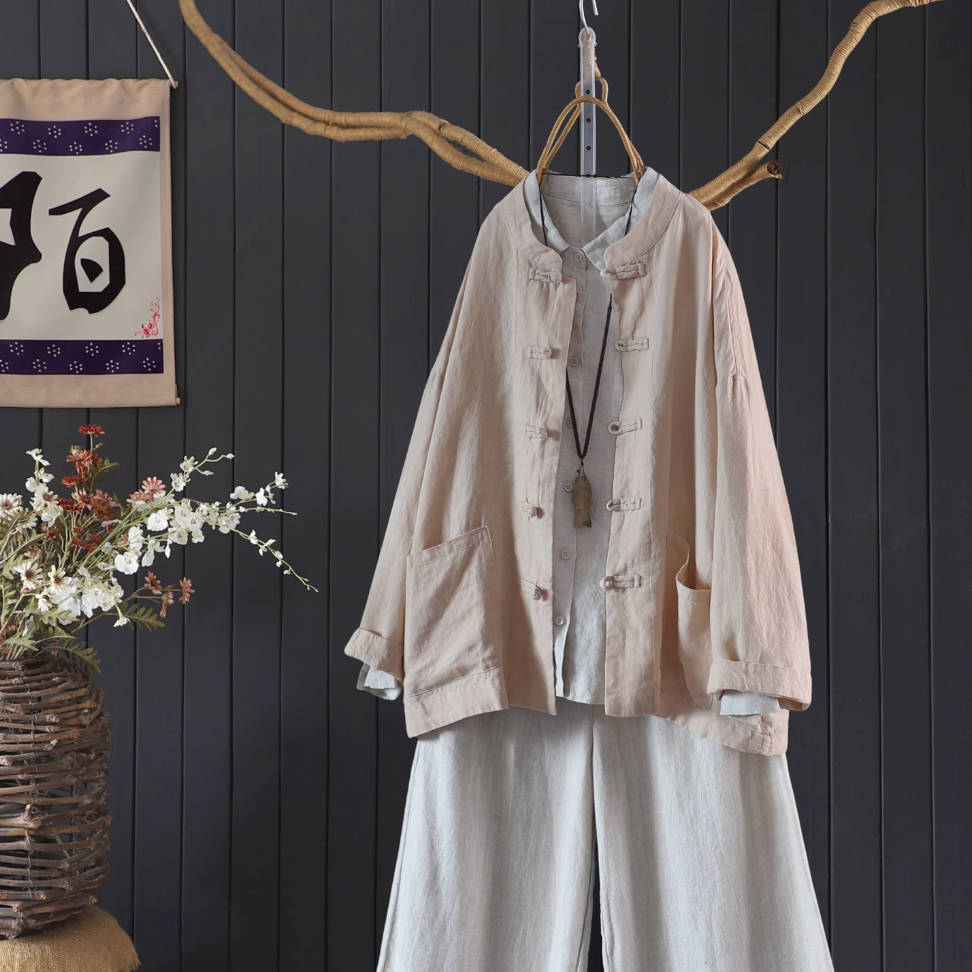 Autumn Linen Chinese Round Neck Frog Button Loose Shirt