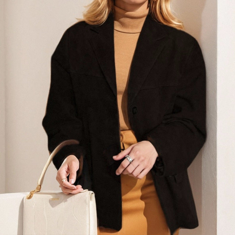 Women Autumn Retro Lapel Chic Solid Color Sueded Blazer