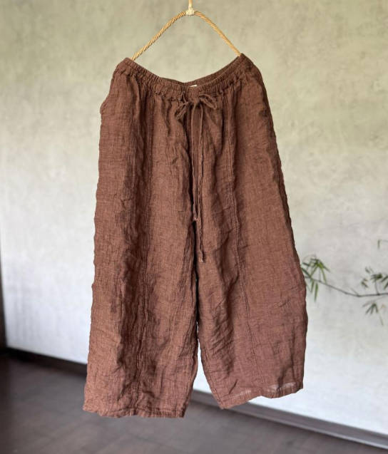 Vintage Women Yarn-Dyed Linen Drawstring Loose Waist Nine-Part Pants