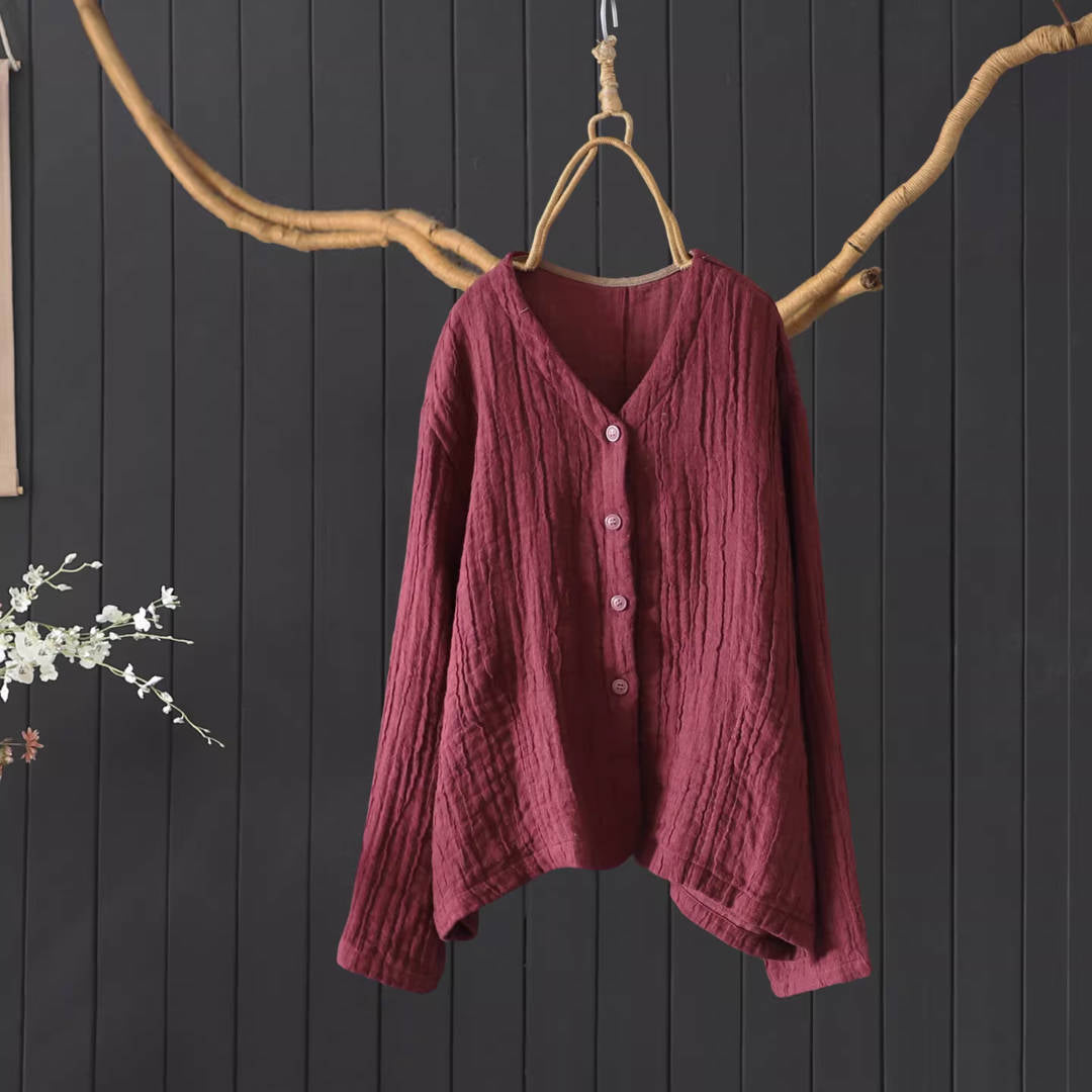 Retro Linen V-Neck Wrinkled Solid Color Single-Breasted Shirt