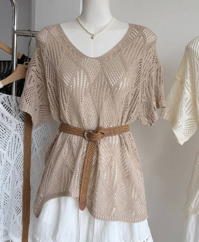 Women V-Neck Diamond Pattern Hollow Knit Short Sleeve Irregular Top