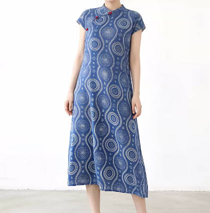 Women Stand Collar Cotton-Linen Printed Vintage Dress