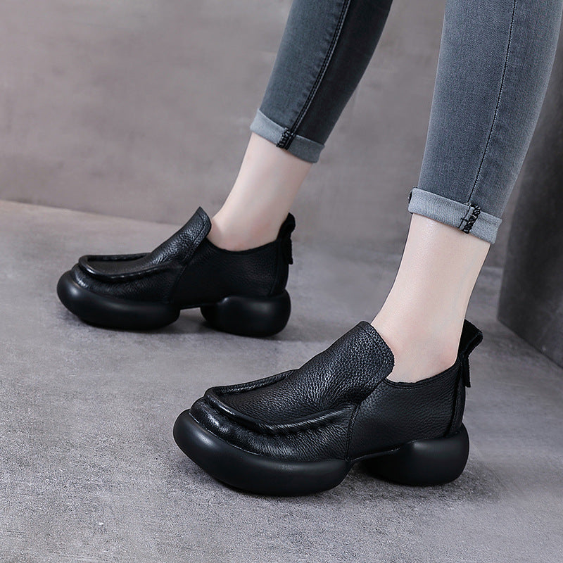 Retro Top Leather Round Toe Thick Sole  Slip-On Stylish Shoes