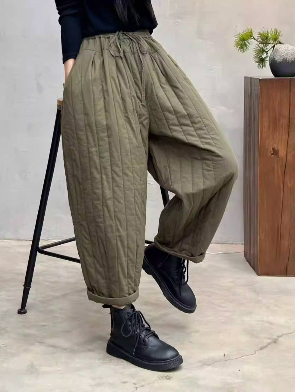 Winter Cotton Striped Warm Cotton-In Lace-Up Harem Pants