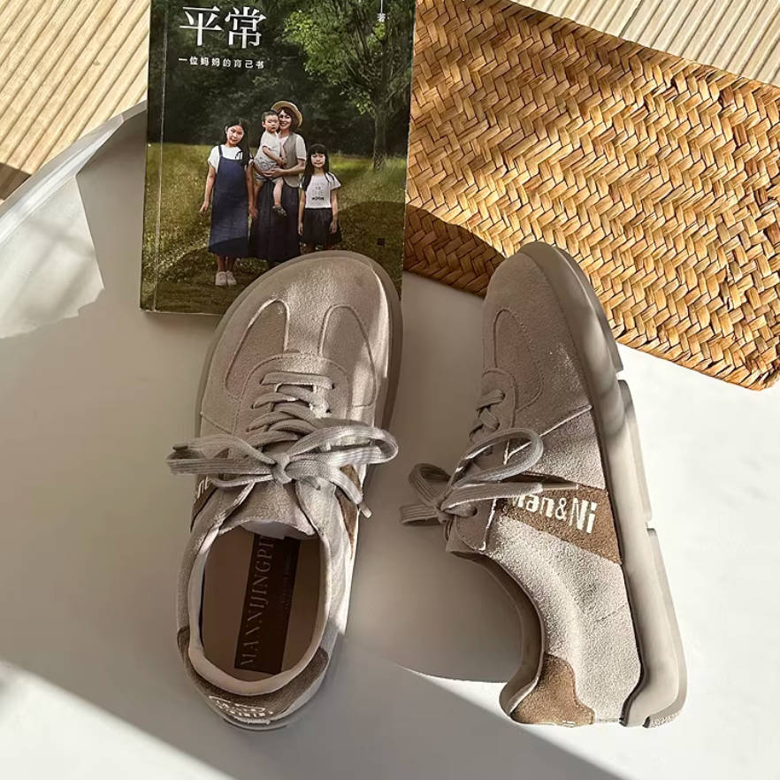 Round Toe Leather Sueded Patchwork Lace-Up Soft Sole Flats