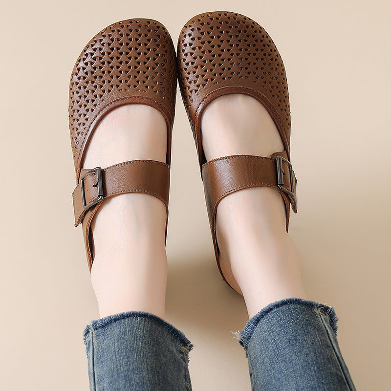 Retro Top Leather Round Toe Hollow One Straped Slip-On Shoes