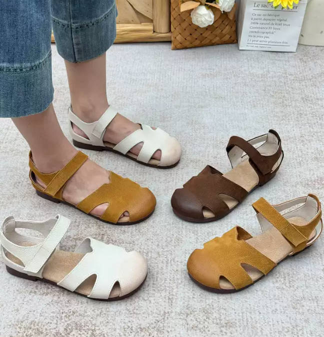 Vintage Women Leather Hallow Out Closed Toe Soft Sandals
