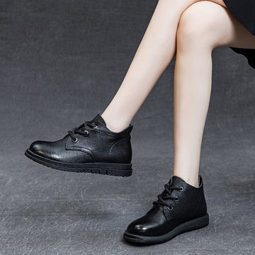 Top Leather Vintage Round Toe Soft Sole Lace-Up Flat Shoes