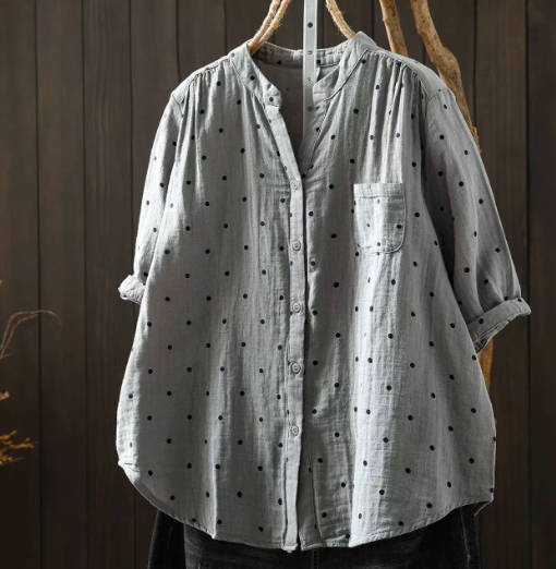 Vintage Loose Fitting Short Sleeve Polka Dot Cotton Linen Shirt