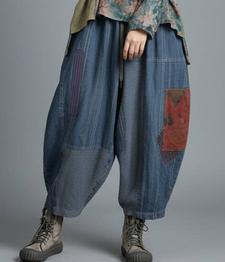 Retro Patchwork Plaid Denim Wide-Leg Trousers