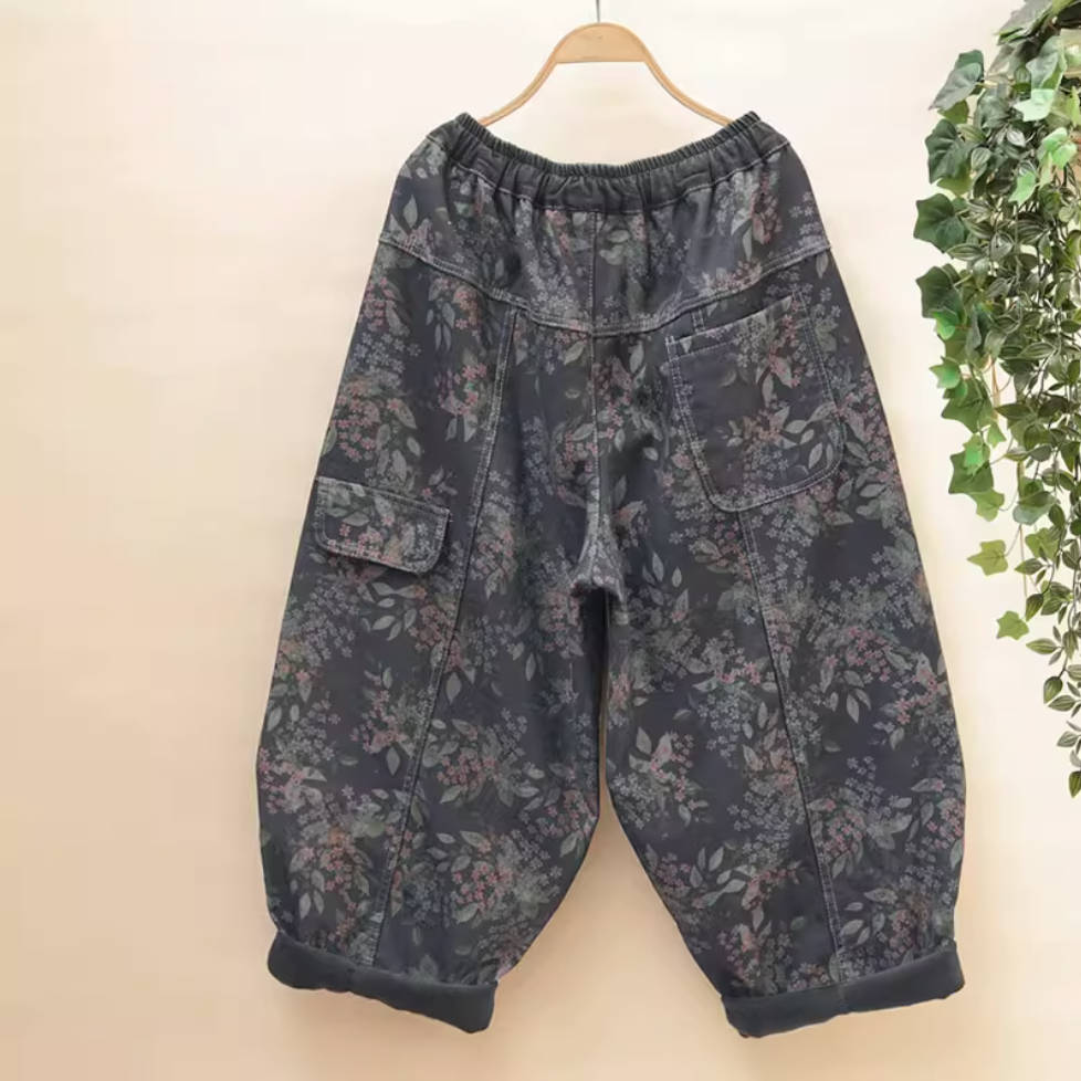Retro Denim Floral Printed Elastic Waist Wide Legs Plush Harem Pants