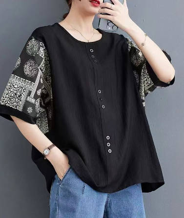 Vintage Casual Cotton Linen Loose Fit Round Neck Patchwork Top