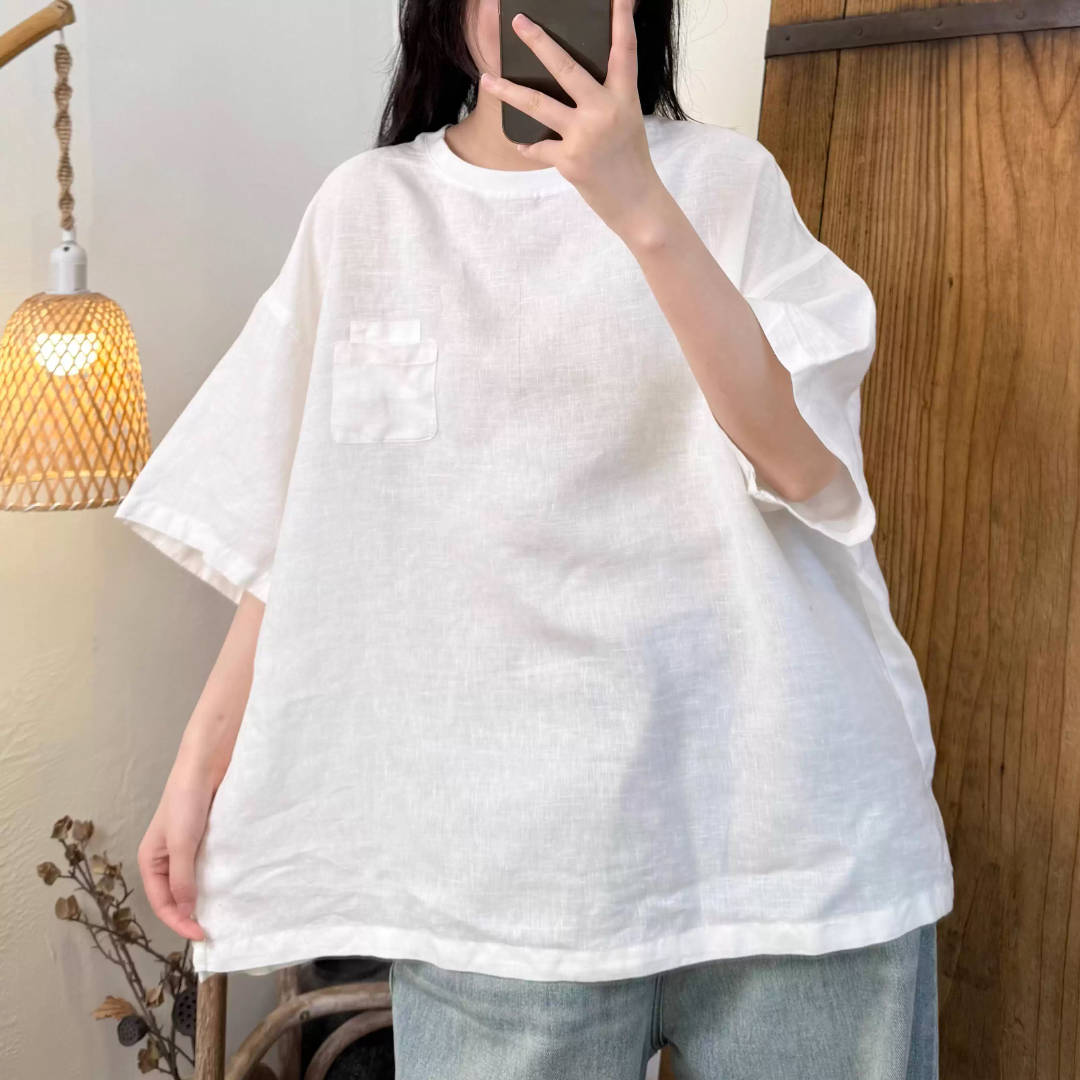 Spring Linen Solid Color Round Neck Loose Comfortable Tops