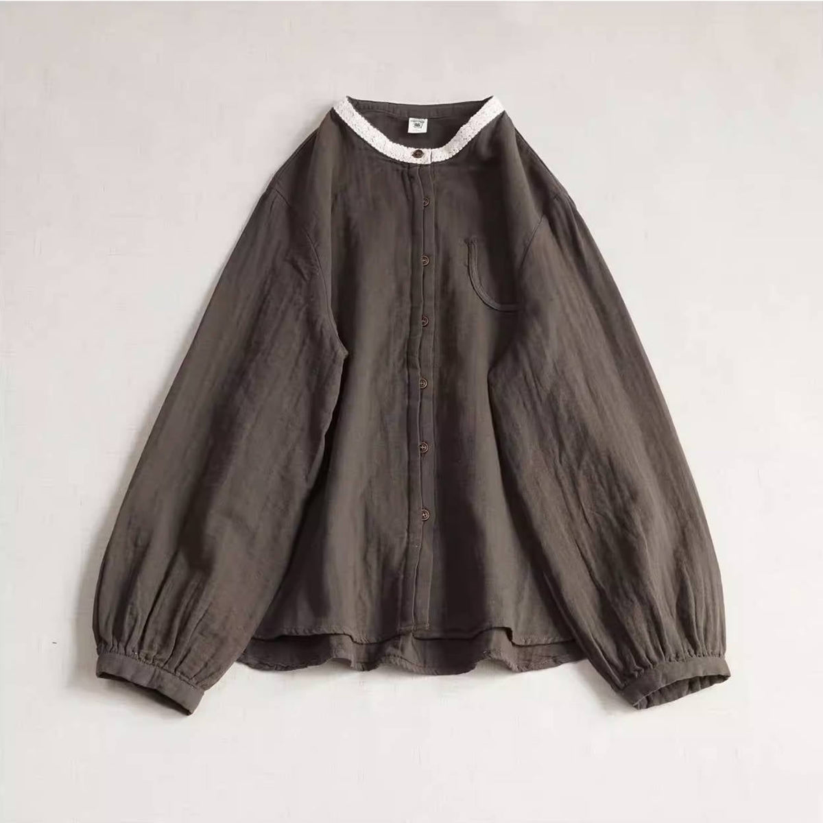 Spring Retro Cotton Round Neck Patchwork Versatile Loose Shirt
