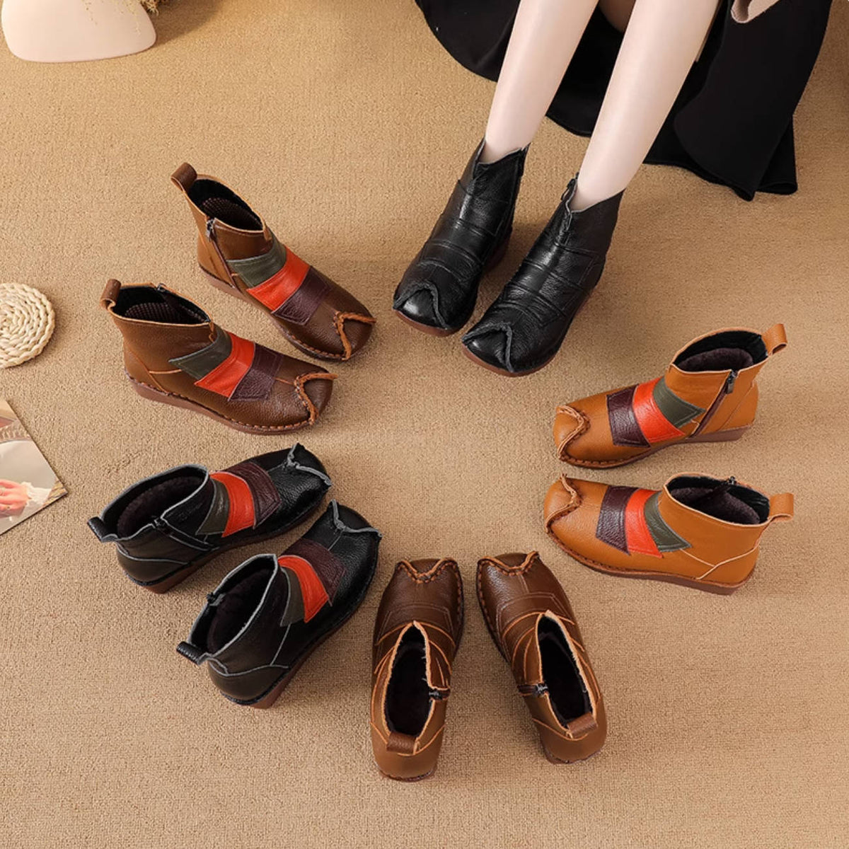 Winter Top Leather Soft Sole Patchwork Zipper Ankle Boots