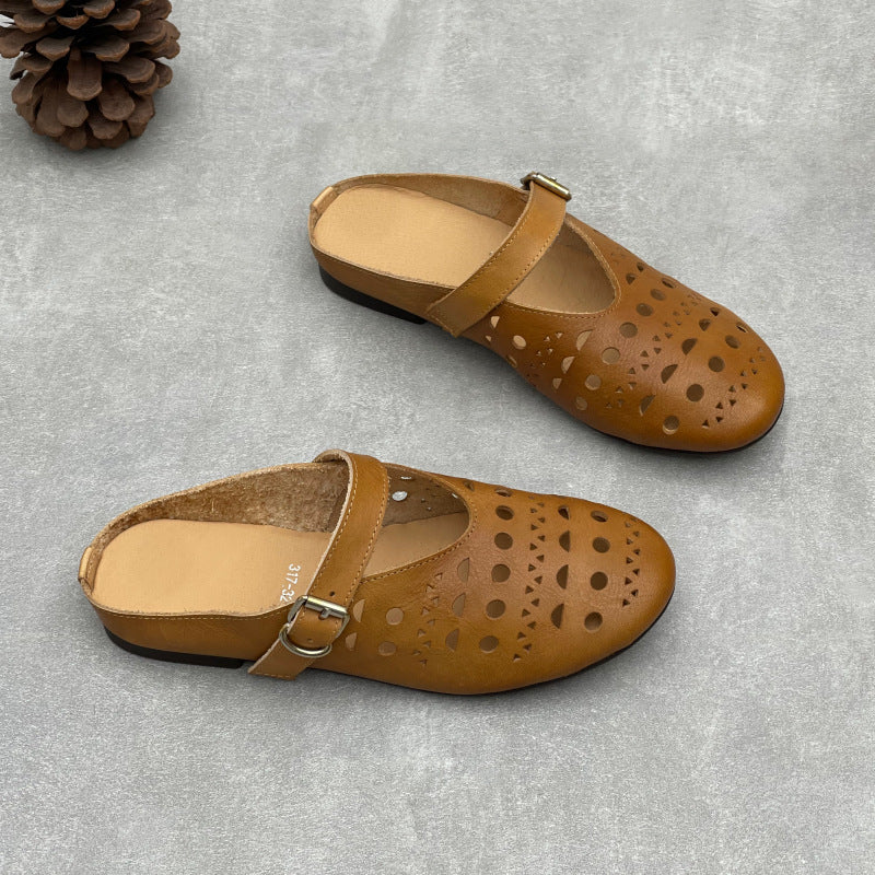 Summer Genuine Leather Hallow One Straped Casual Slip-On Flats