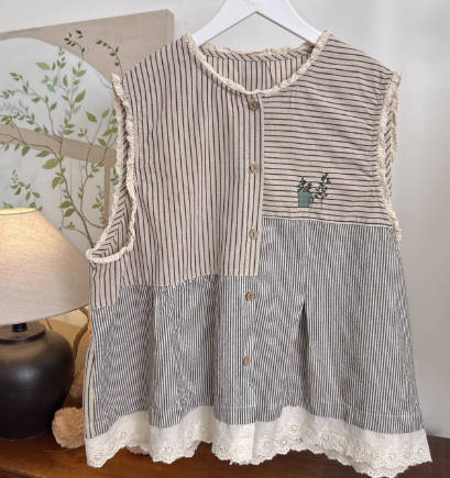 Summer Vintage Linen Sleeveless Patchwork Striped Vest Top