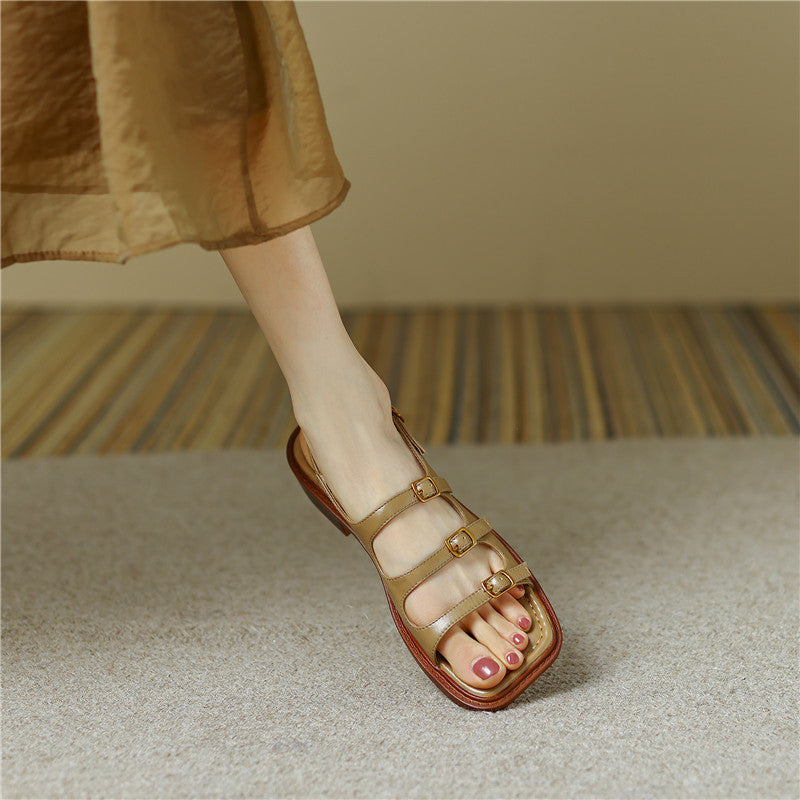Vintage Cowhide Open Toe Straped Low Heel Wide Feet Sandals