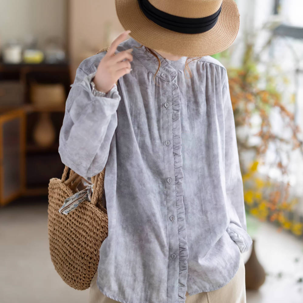 Spring Cotton Ruffled Neck Printed Patchwork Loose Casual Shirt