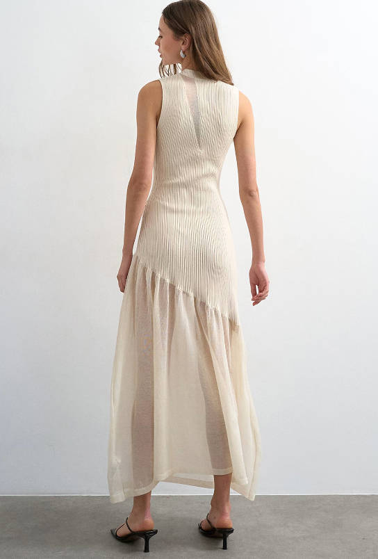 Summer Mature Elegant Mesh Panel Design Ribbed Knit Dress