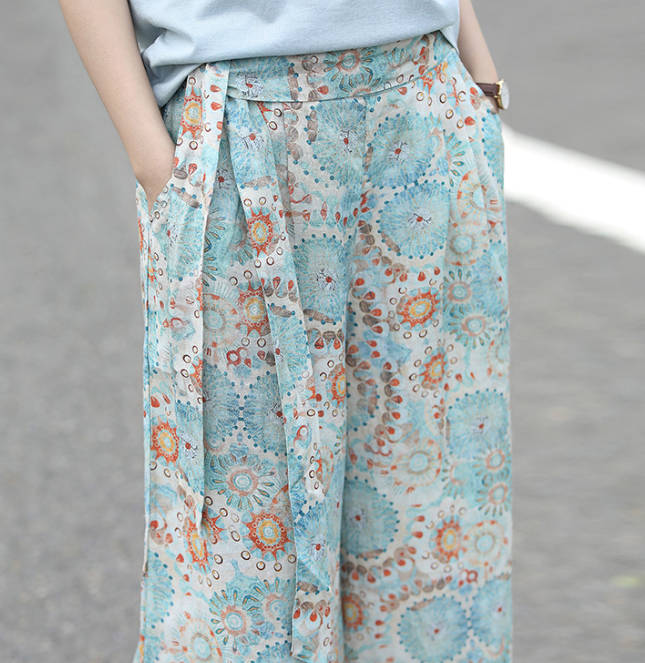 Spring Loose Casual Linen Print Wide Leg Pants