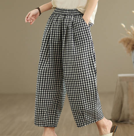 Vintage Cotton Linen Loose Fit Slimming Versatile Plaid Capris Pant
