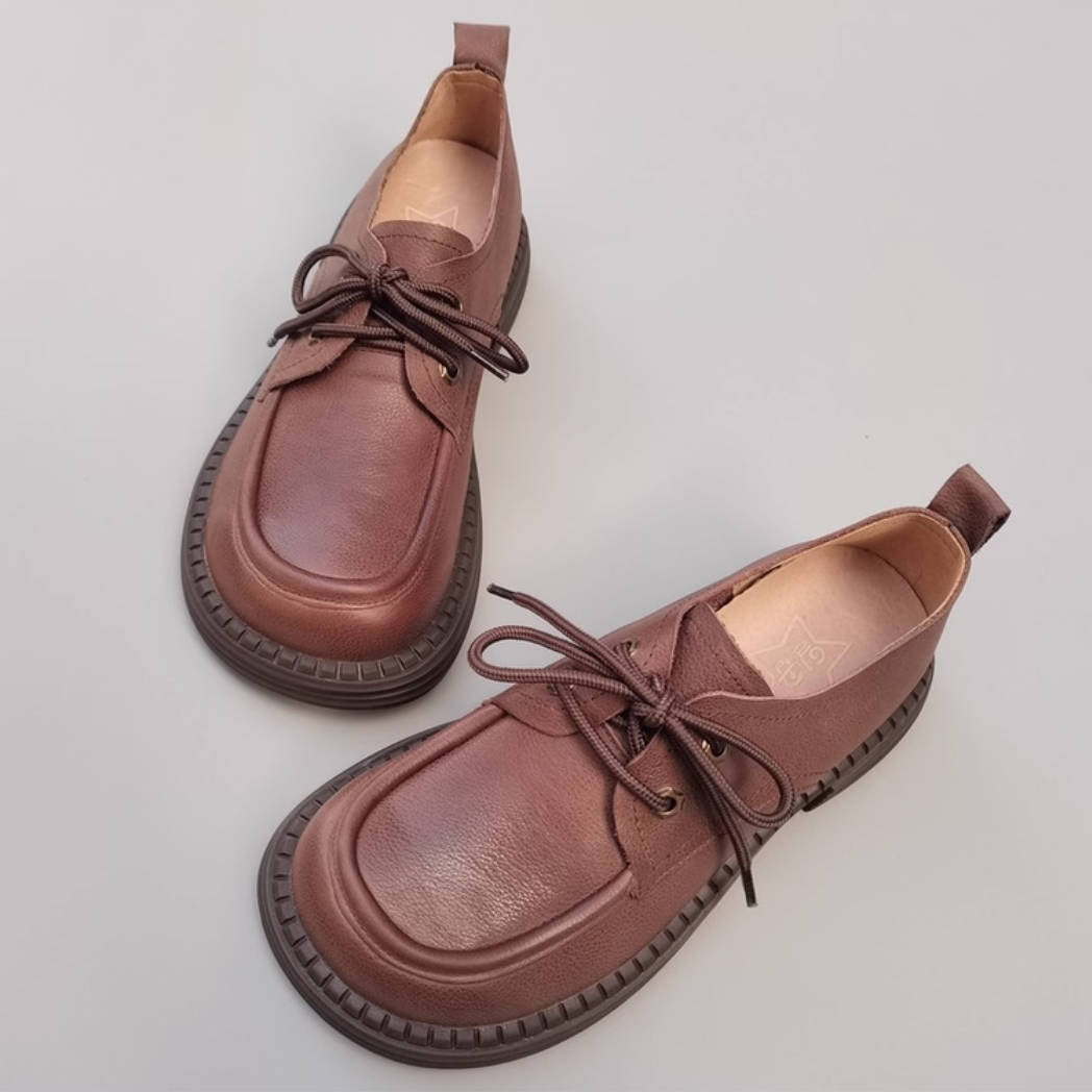 Retro Top Leather Wide Toe Soft Sole Chunky Lace-Up Slip-On Shoes