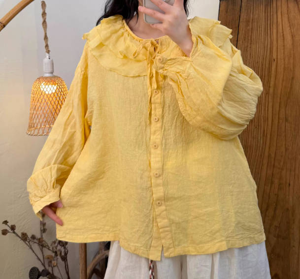 Spring Linen Solid Color Long Sleeve Ruffled Collar Shirt