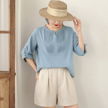 Retro Linen V-Neck Box Pleat Solid Color Half Sleeves Loose Tops