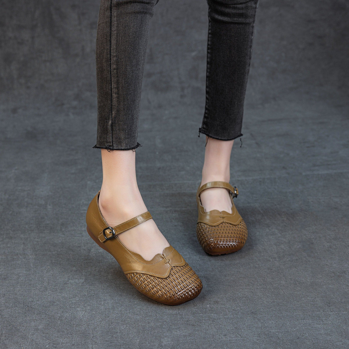 Retro Leather Woven Patchwork One Straped Casual Flat Sole Shoes