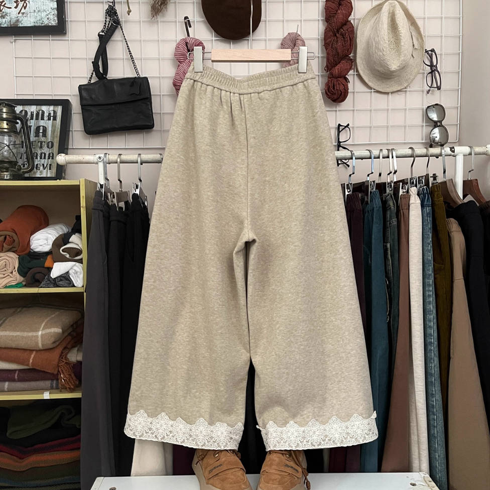 Winter Wool Cotton Warm Lace Patchwork Elastic Waist Pants