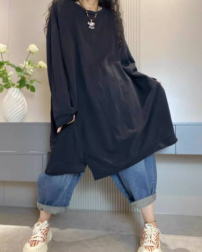 Spring Oversized Cotton Long Sleeve Round Neck Top