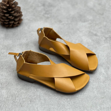 Summer Retro Leather Crossing Straped Open Toe Zipper Flats