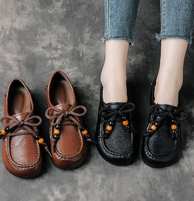 Vintage Women Top-Grain Leather Square Toe Soft Sole Wide Fit Flats