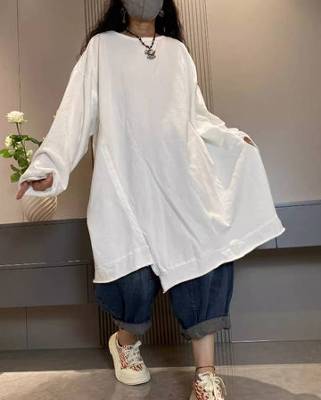 Spring Oversized Cotton Long Sleeve Round Neck Top