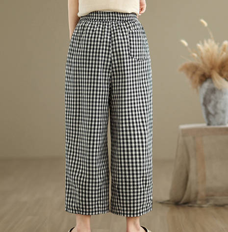 Vintage Cotton Linen Loose Fit Slimming Versatile Plaid Capris Pant
