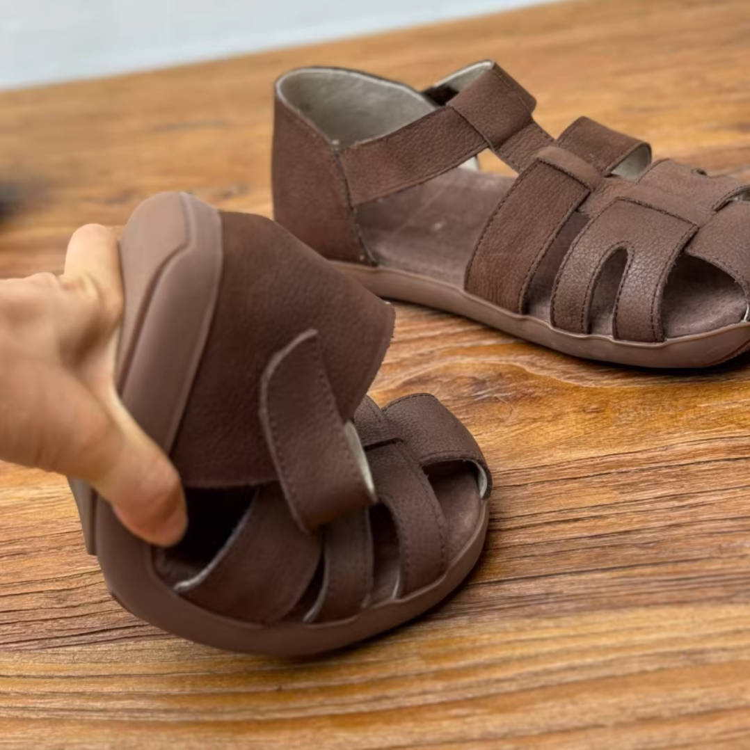 Retro Leather Open Toe Cut Out One Straped Velcro Soft Sole Flats